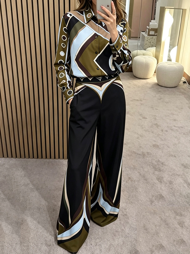 Silk Blouse Button - Retro geometrik desenli baskılı ipek gömlek