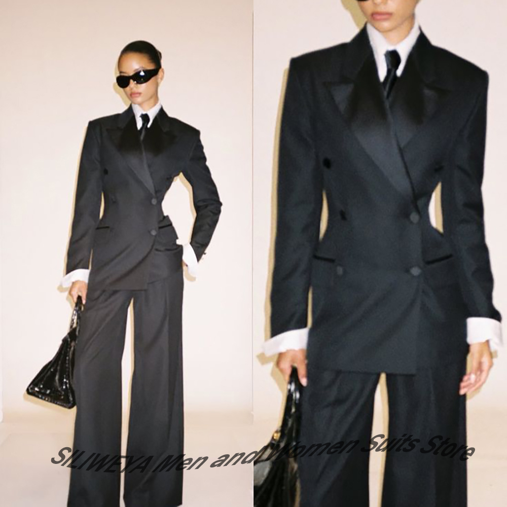Women'S Elegant Formal Wear - Profesyonel Kadın Siyah Kruvaze Takım Elbise