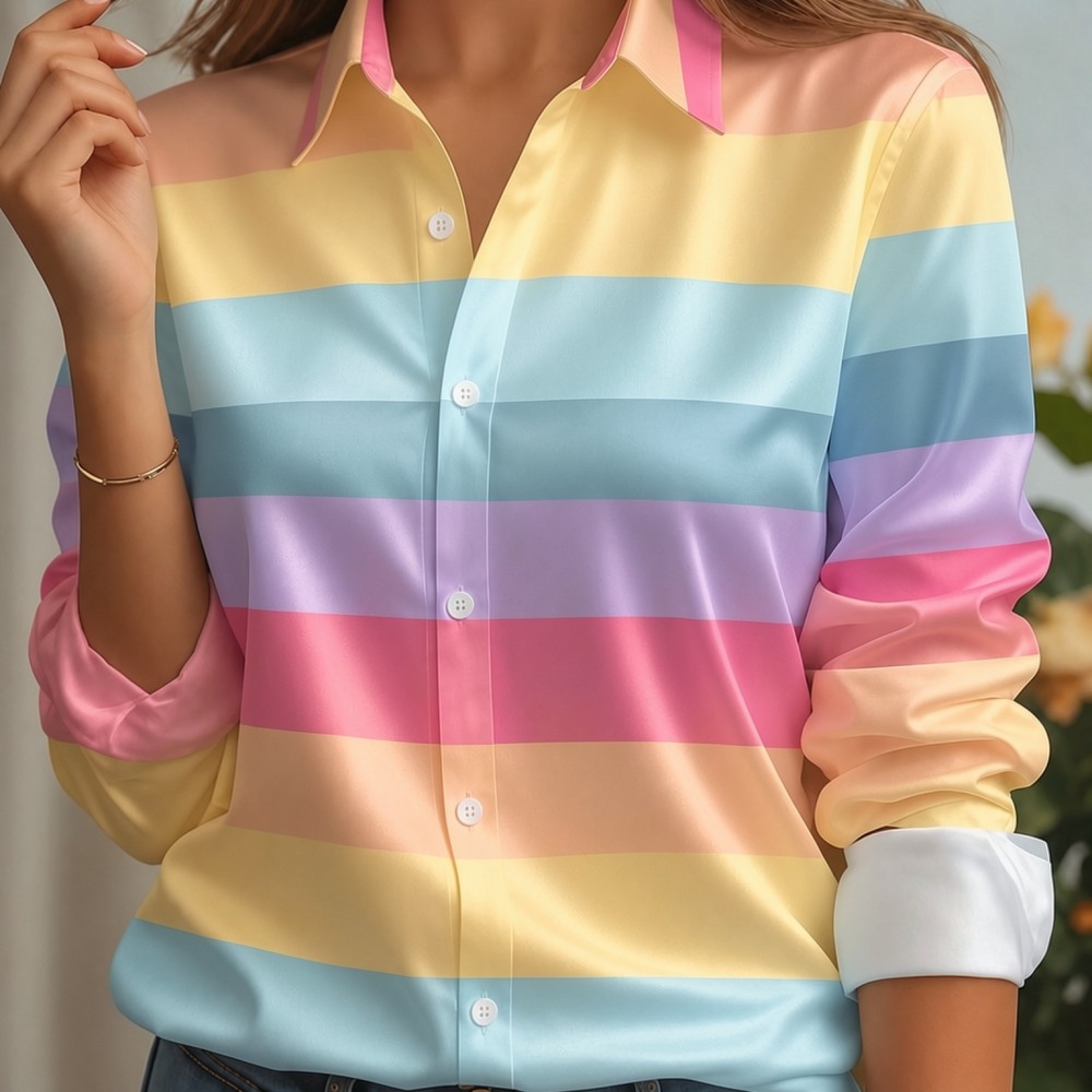Silk Blouse Button - Kadın Saten Yaka Gömlek Pastel Çizgili
