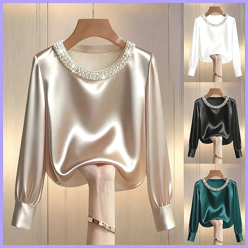 Silk Blouse Button - Kadınlar için Zarif Boncuklu Saten Bluz,