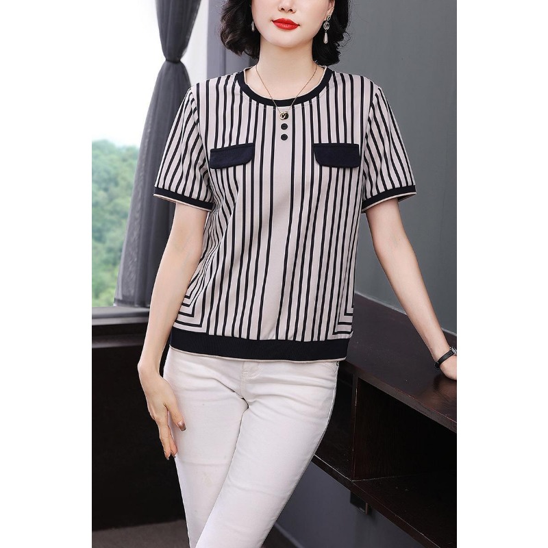 Silk Blouse Button - Kadın Çizgili Buz İpek Tişört Kısa