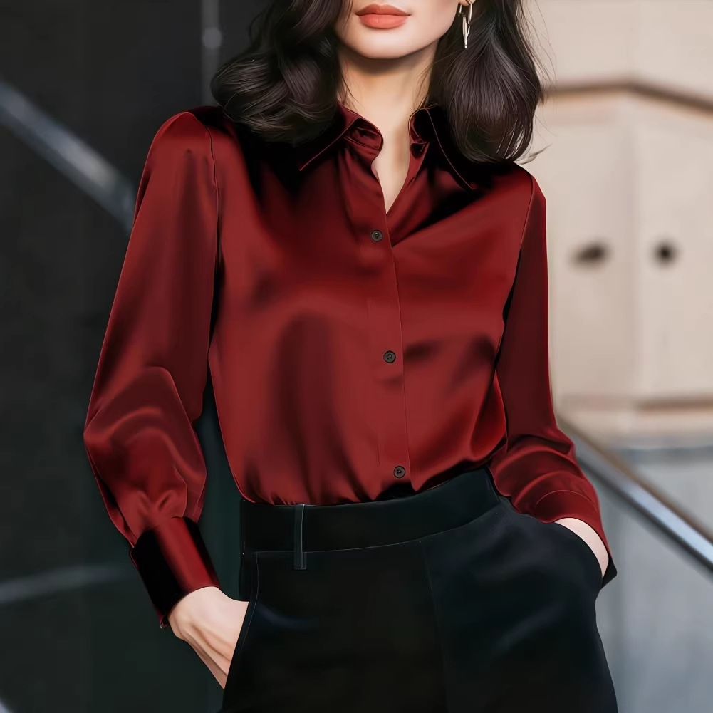 Women'S Elegant Formal Wear - Kadın Saten Yaka Detaylı Bluz, Düğmeli,