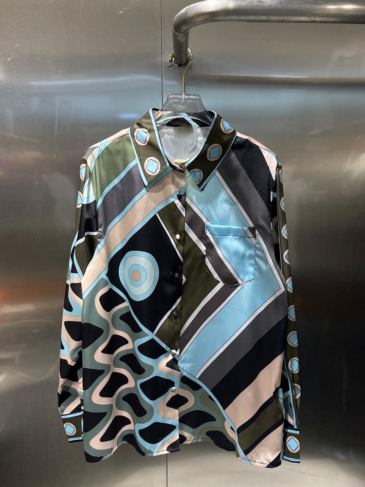 Retro geometrik desenli baskıl - Silk Blouse Button incelemesi ve fiyatı