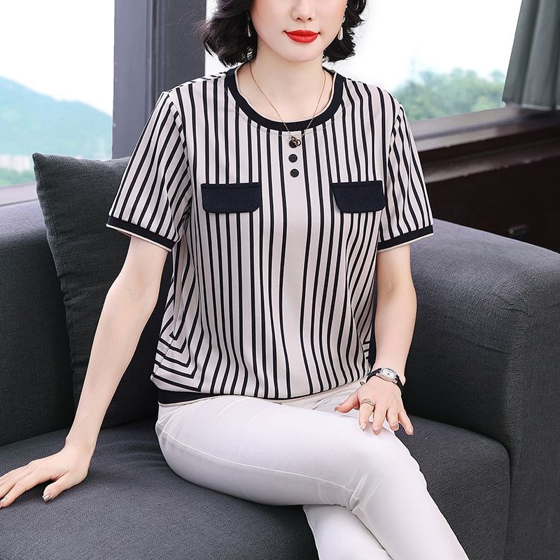 Kadın Çizgili Buz İpek Tişört  - Silk Blouse Button incelemesi ve fiyatı